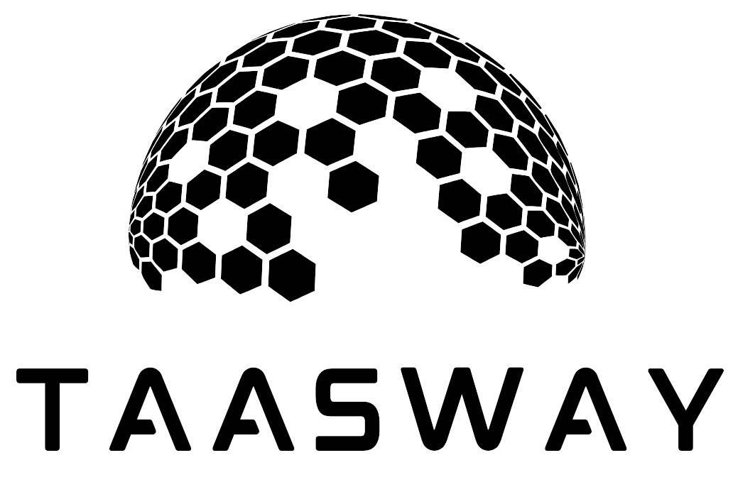 Black round circle work logo and written TAASWAY