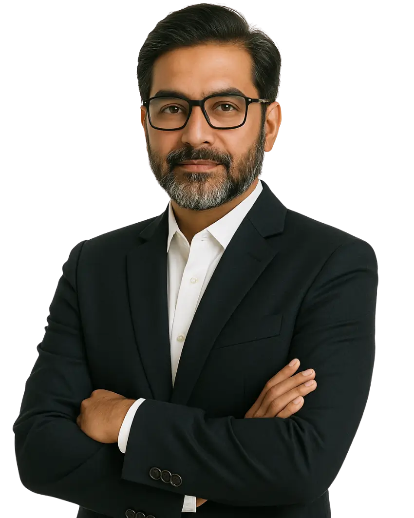 A man wearing glasses and a black coat is standing with his hands folded.